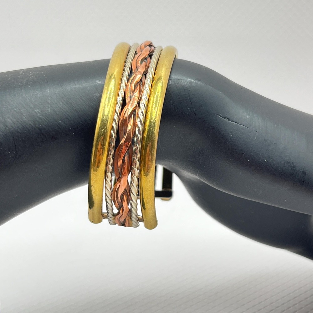 Vintage Copper Tri-Tone Braided Rope Cuff Bracelet w/ Gold and Silver Tone